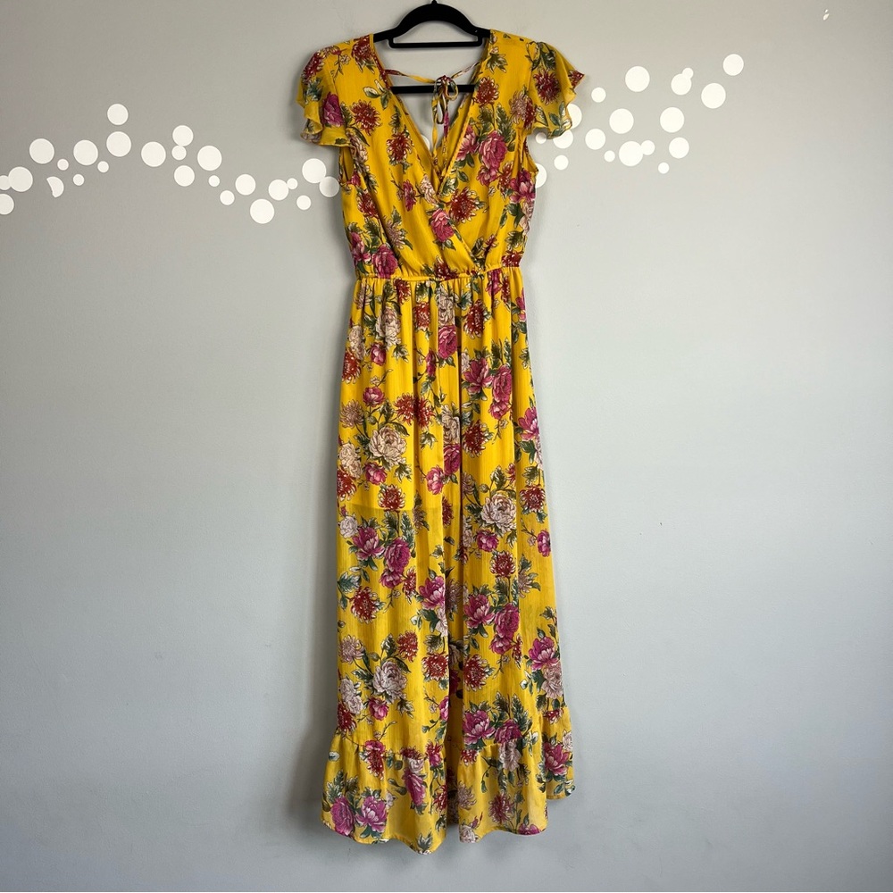Band of Gypsies Boho Floral Faux Wrap Maxi Dress Size M Marigold Yellow